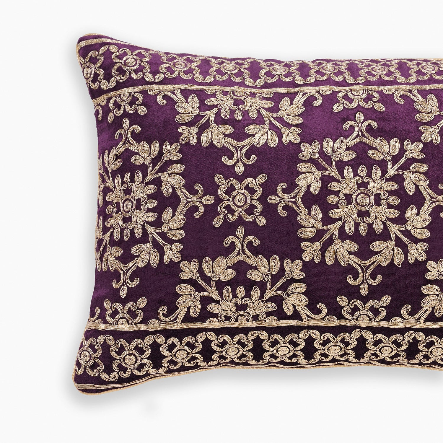 Purple Zari Embroidered Velvet Rectangle Cushion Cover