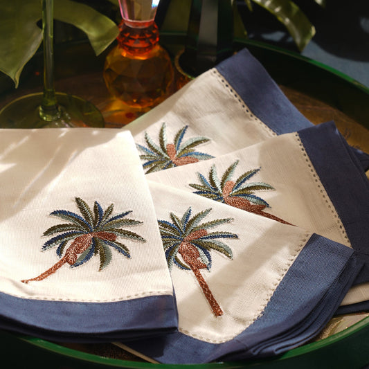 Set of 4 Blue Palm Motif Linen Napkins