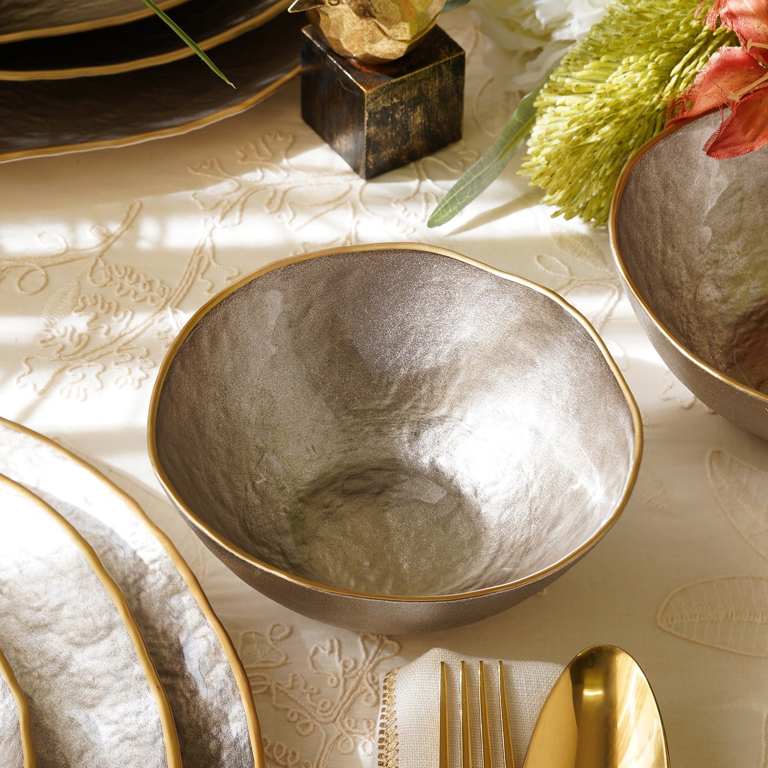Set of 2 Taupe Dune Glass Serving Bowls
