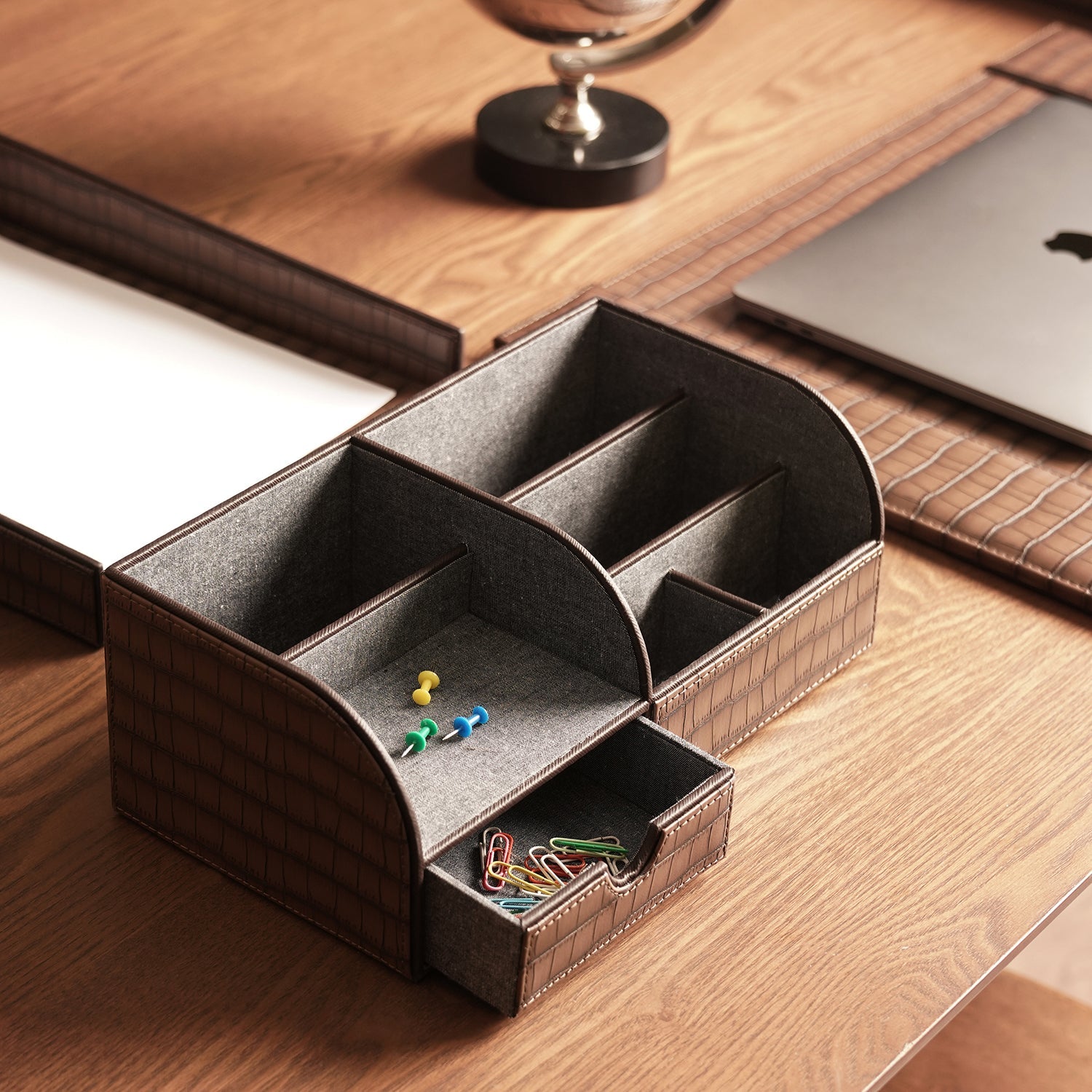 Brown Croco Texture Faux Leather Desk Organiser