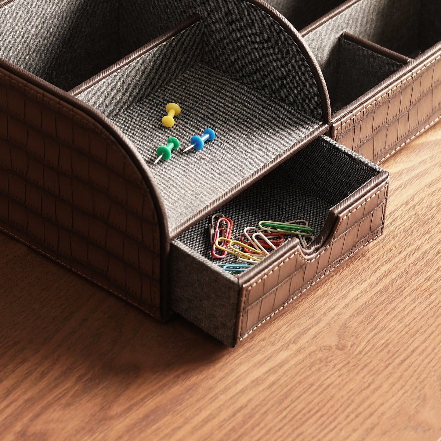 Brown Croco Texture Faux Leather Desk Organiser