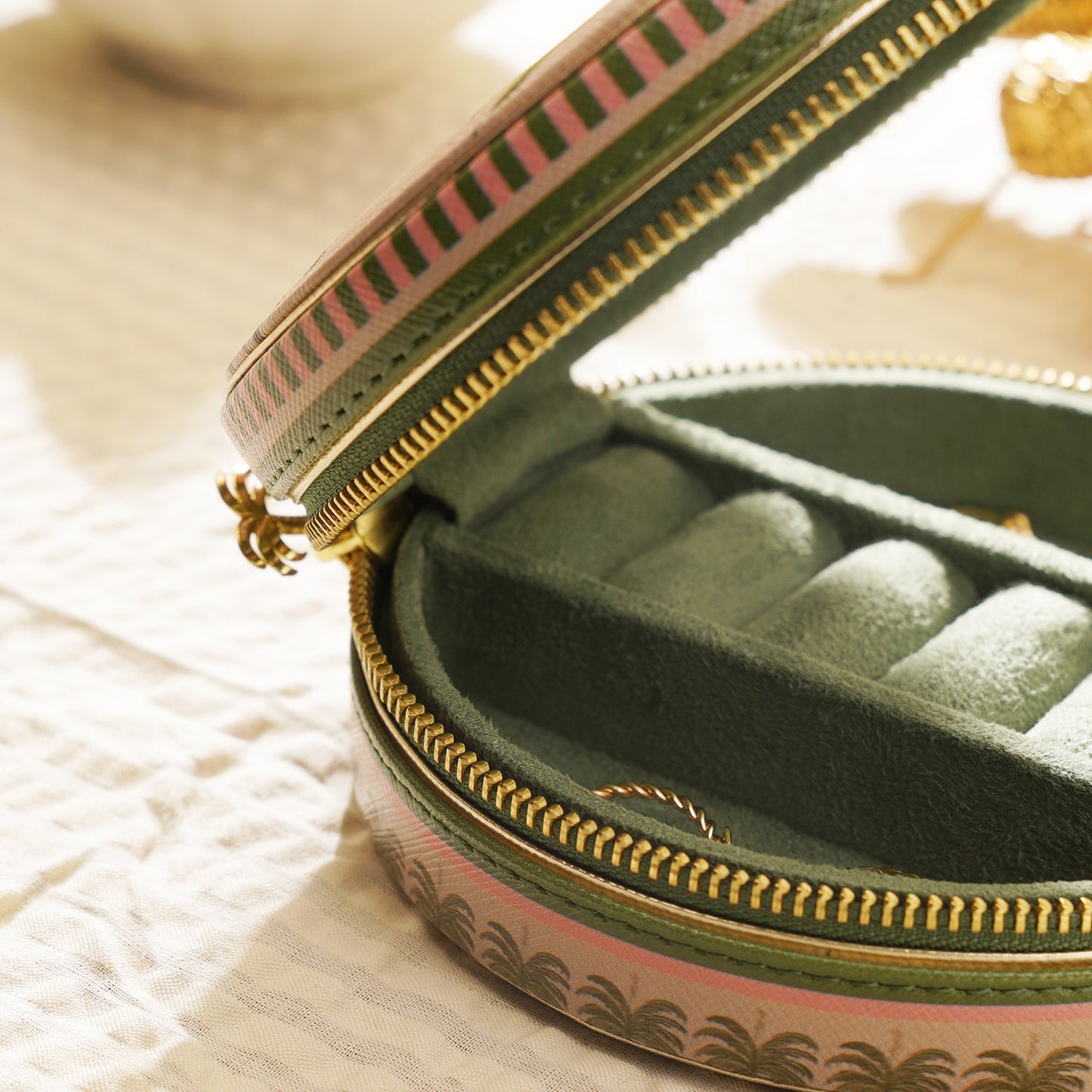 Beige & Green Palmero Printed Round Faux Leather Jewellery Box