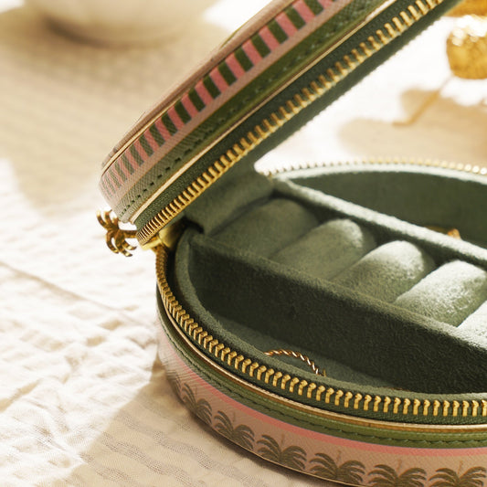 Beige & Green Palmero Printed Round Faux Leather Jewellery Box