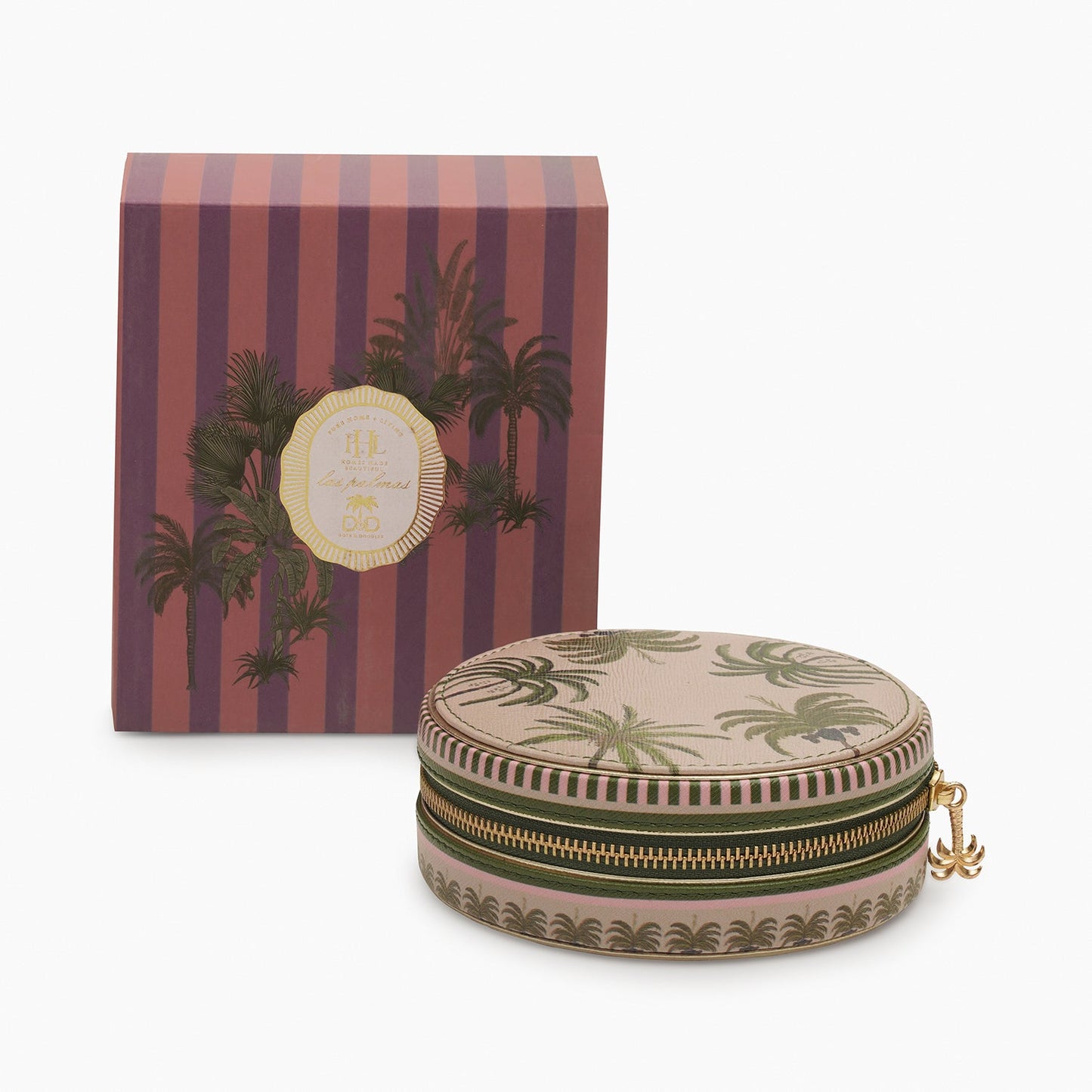 Beige & Green Palmero Printed Round Faux Leather Jewellery Box