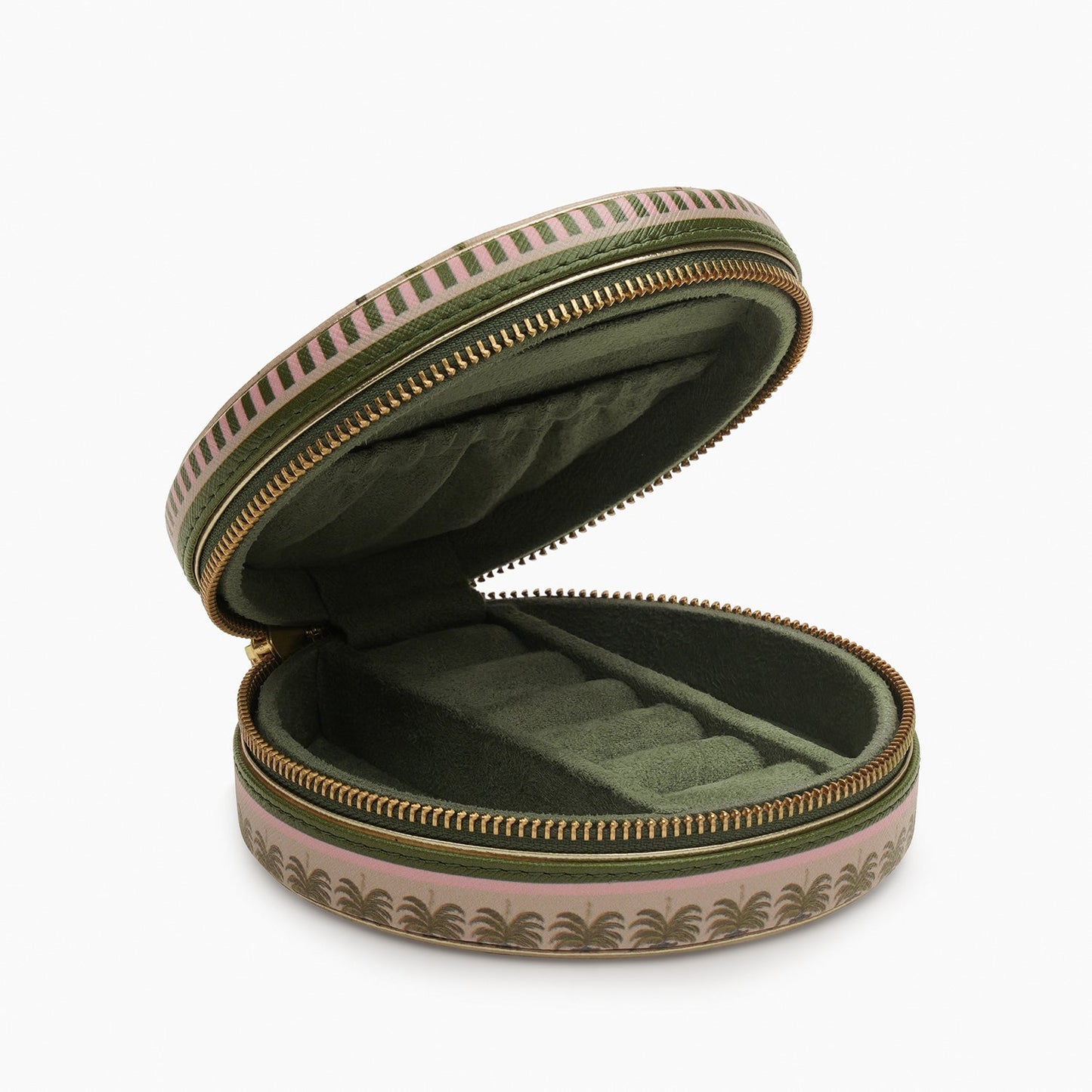 Beige & Green Palmero Printed Round Faux Leather Jewellery Box