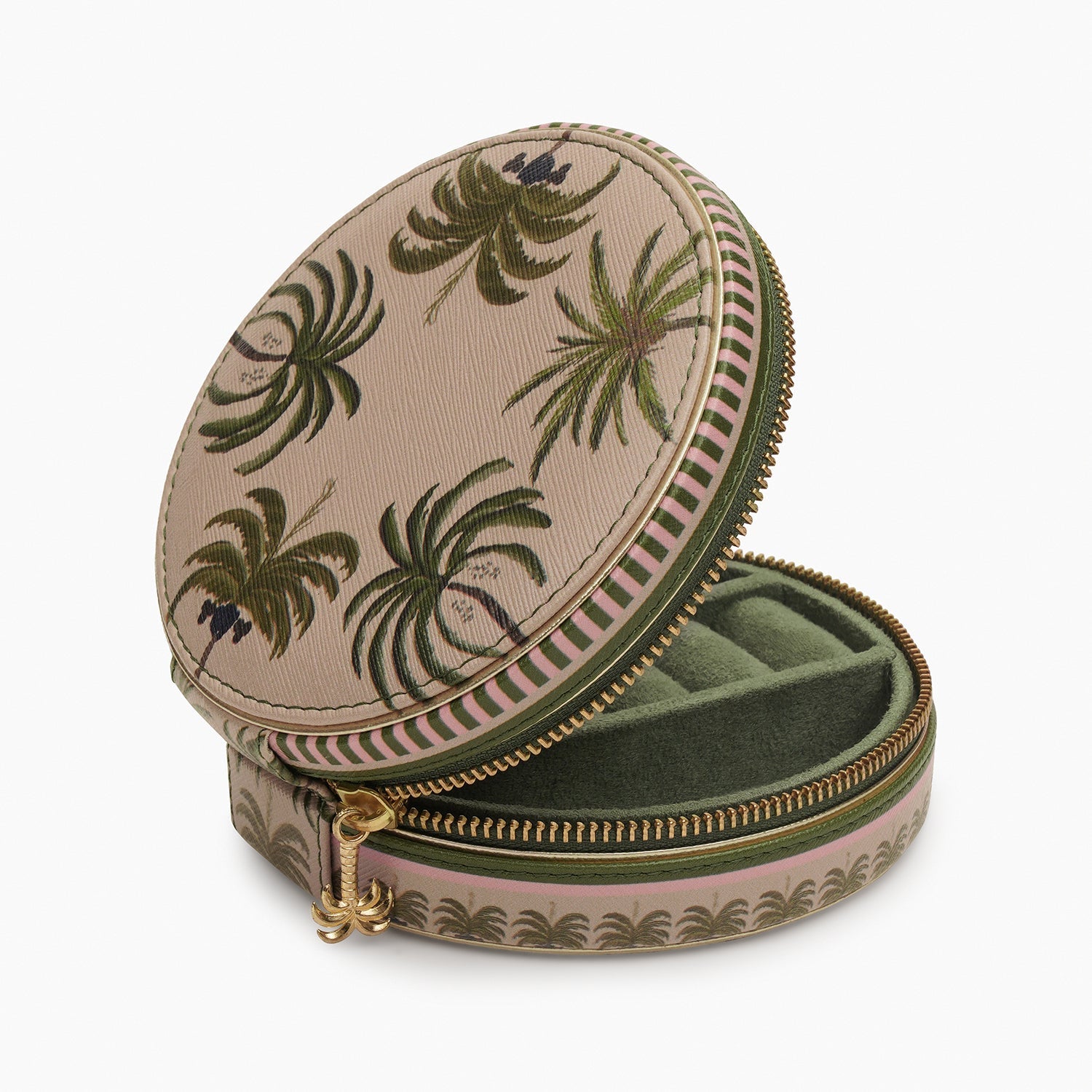 Beige & Green Palmero Printed Round Faux Leather Jewellery Box