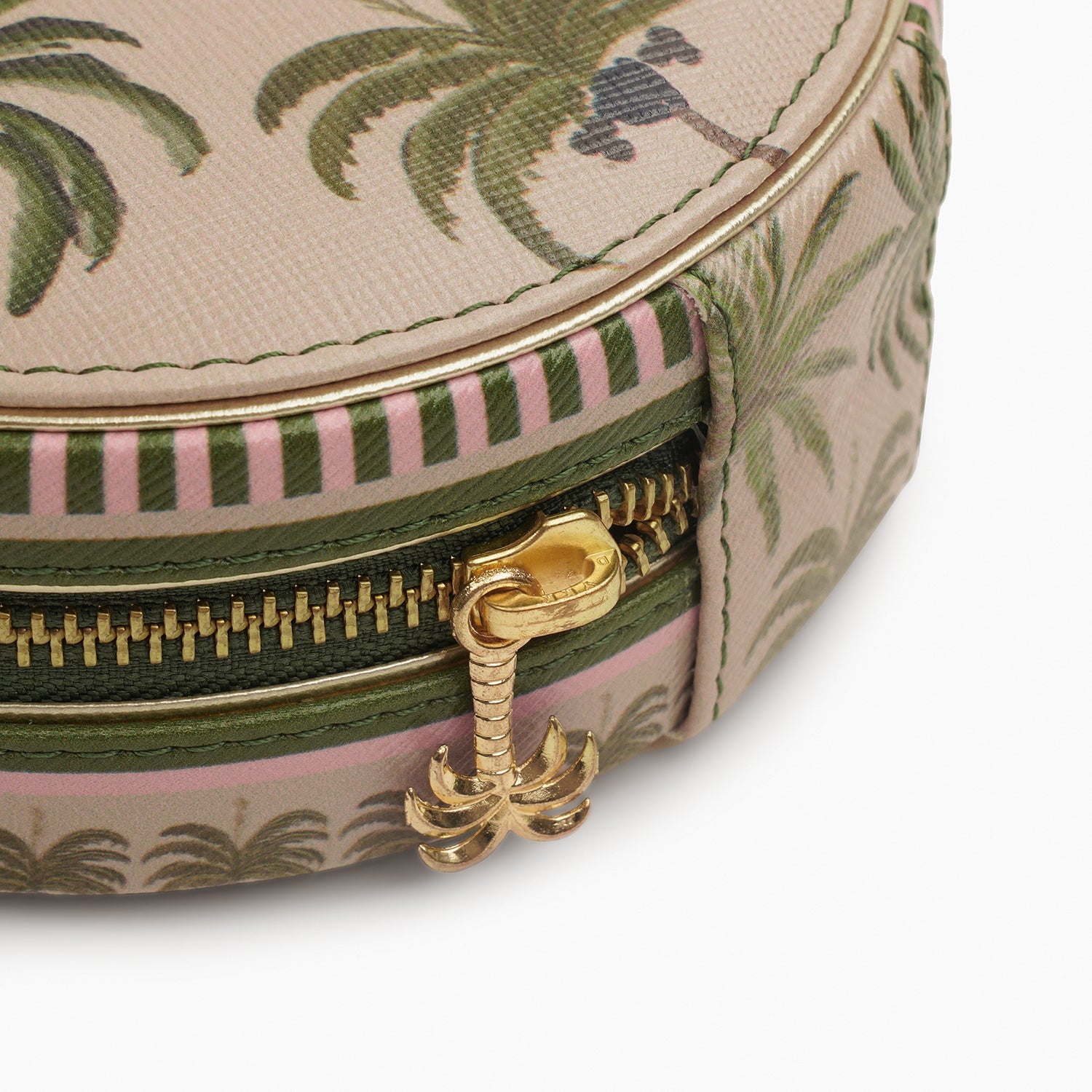 Beige & Green Palmero Printed Round Faux Leather Jewellery Box