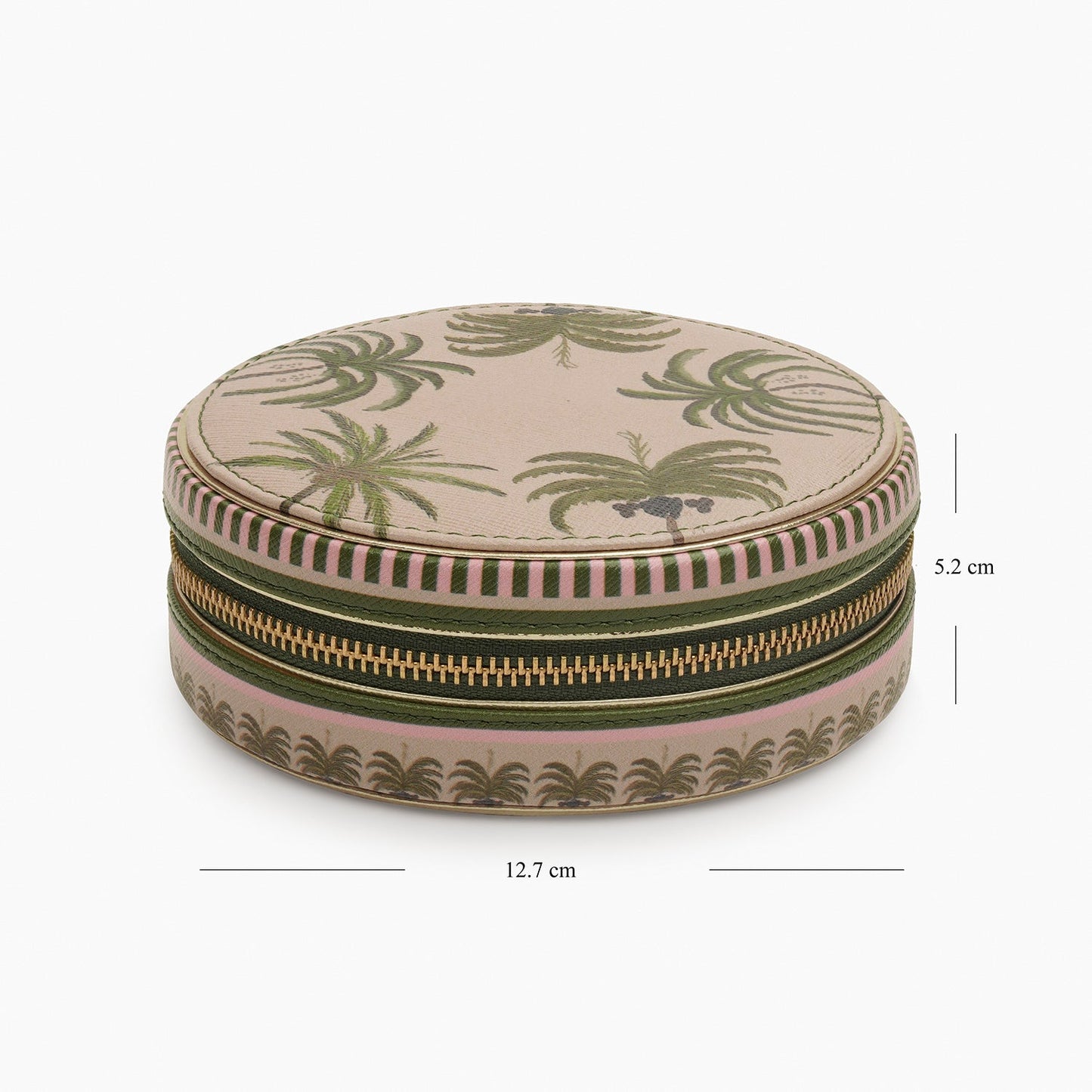 Beige & Green Palmero Printed Round Faux Leather Jewellery Box