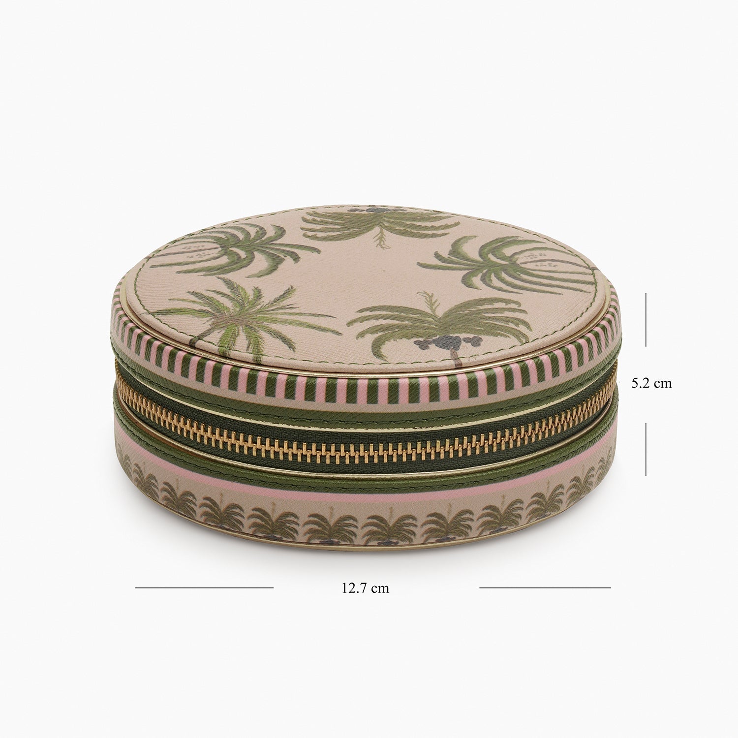 Beige & Green Palmero Printed Round Faux Leather Jewellery Box