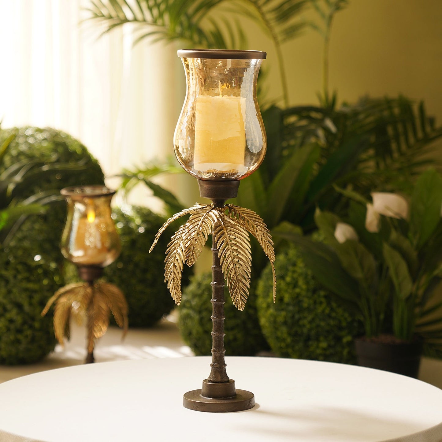 Gold Antique Finish Palm Leaf Glass Hurricane - Large
