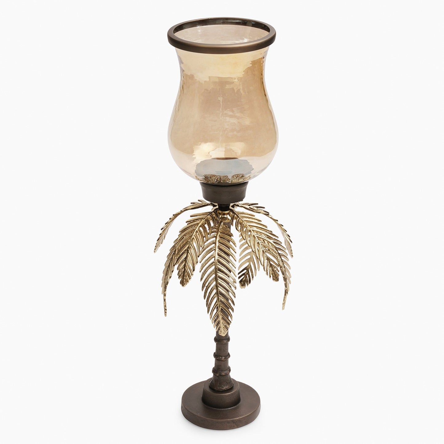 Gold Antique Finish Palm Leaf Glass Hurricane - Large