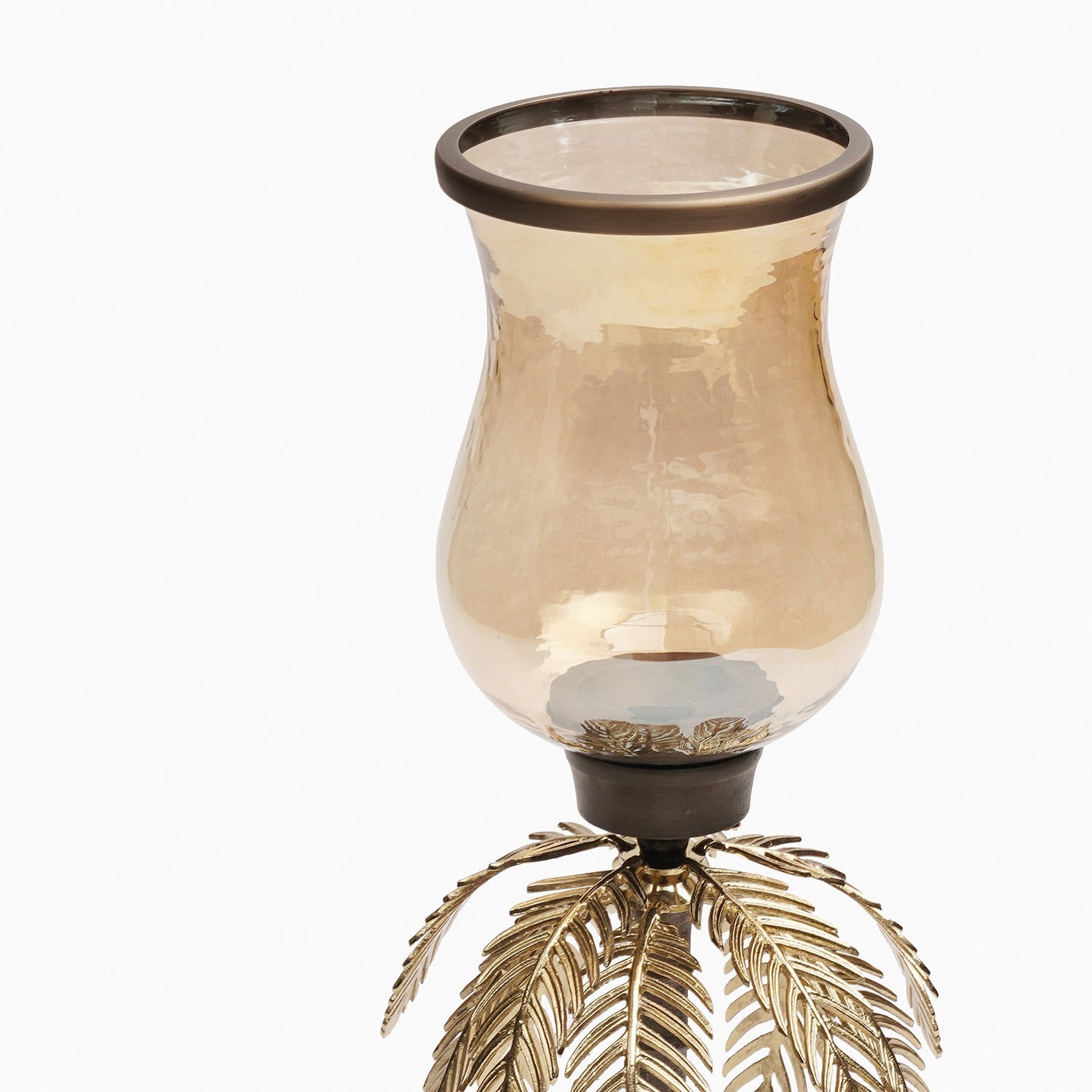 Gold Antique Finish Palm Leaf Glass Hurricane - Large