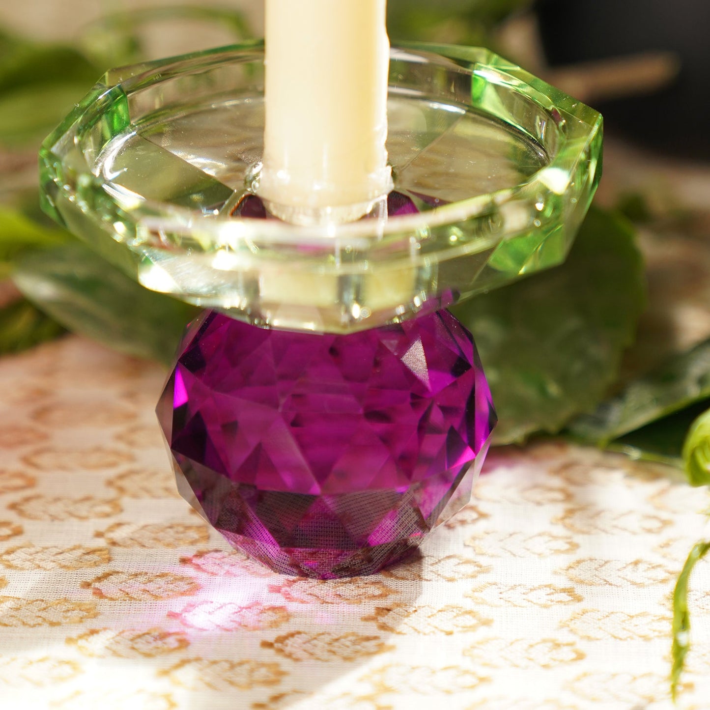 Purple & Green Cut Glass Crystal Candle Holder
