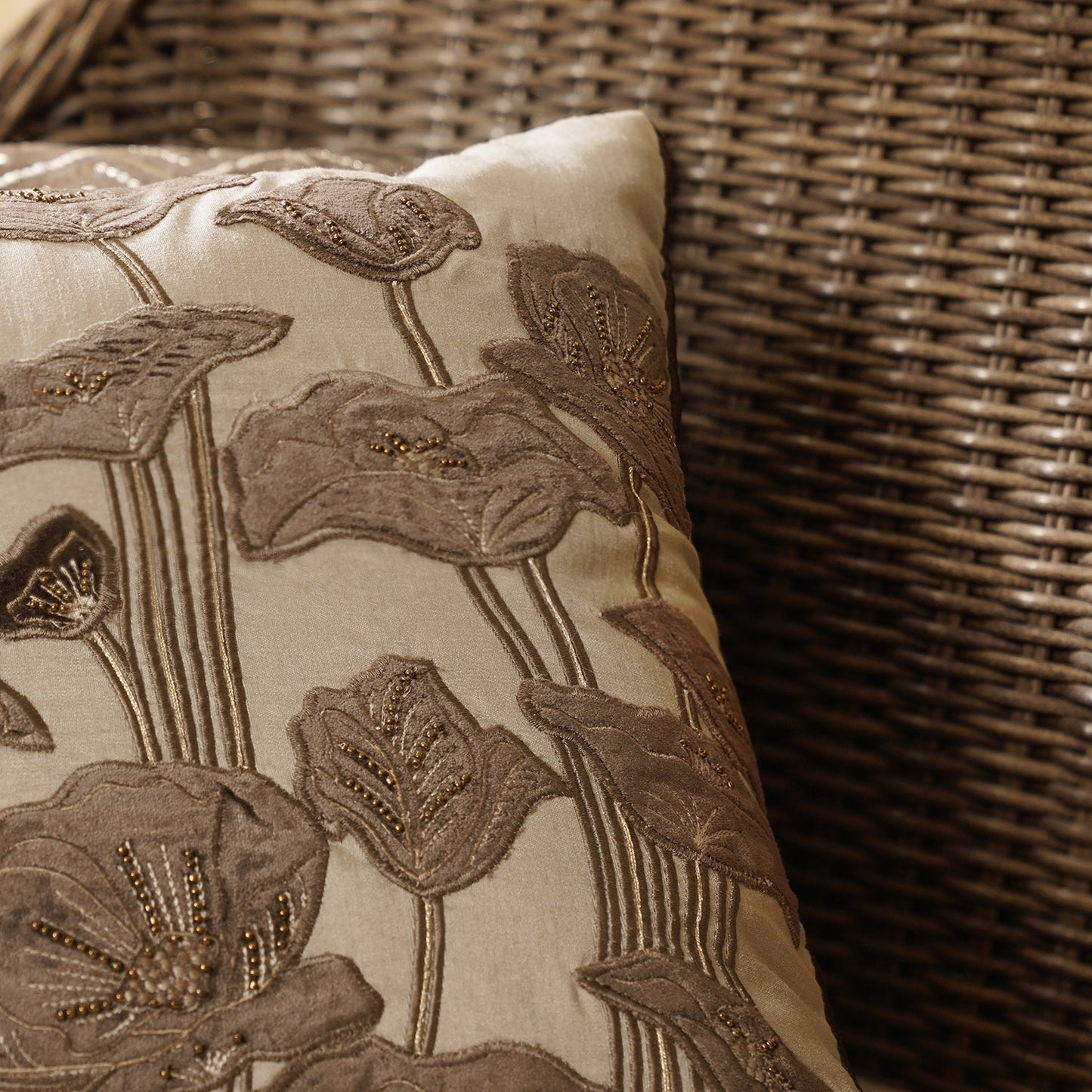 Beige & Brown Floral Embroidered Square Cushion Cover