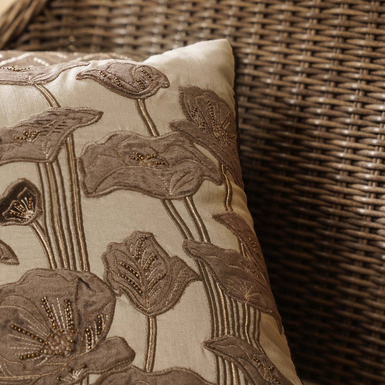 Beige & Brown Floral Embroidered Square Cushion Cover