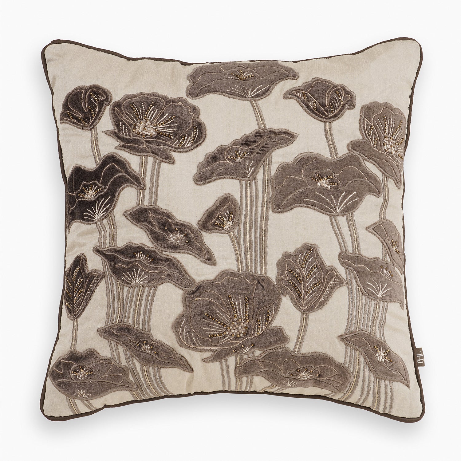 Beige & Brown Floral Embroidered Square Cushion Cover