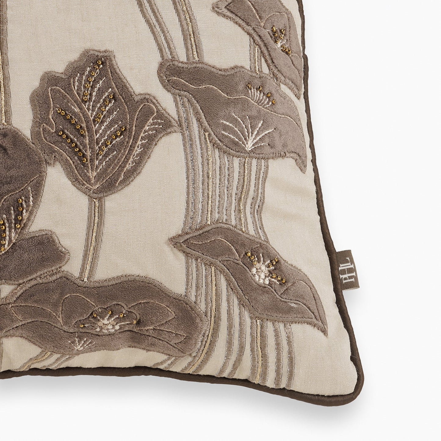 Beige & Brown Floral Embroidered Square Cushion Cover