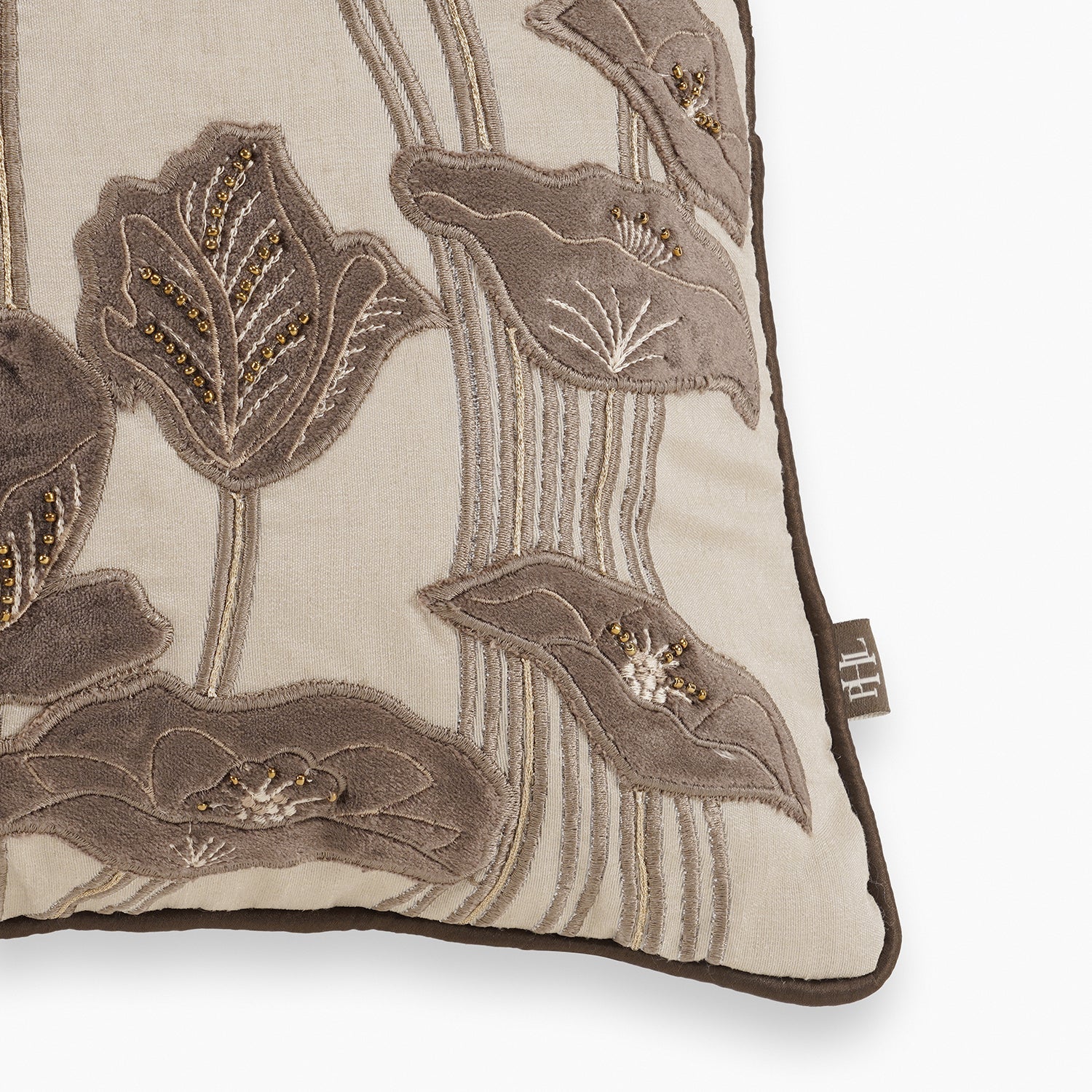 Beige & Brown Floral Embroidered Square Cushion Cover