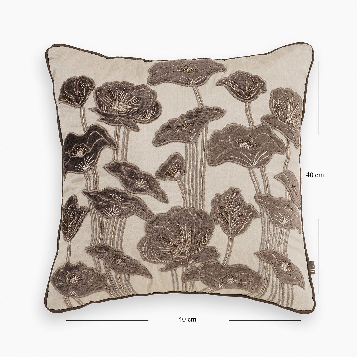 Beige & Brown Floral Embroidered Square Cushion Cover