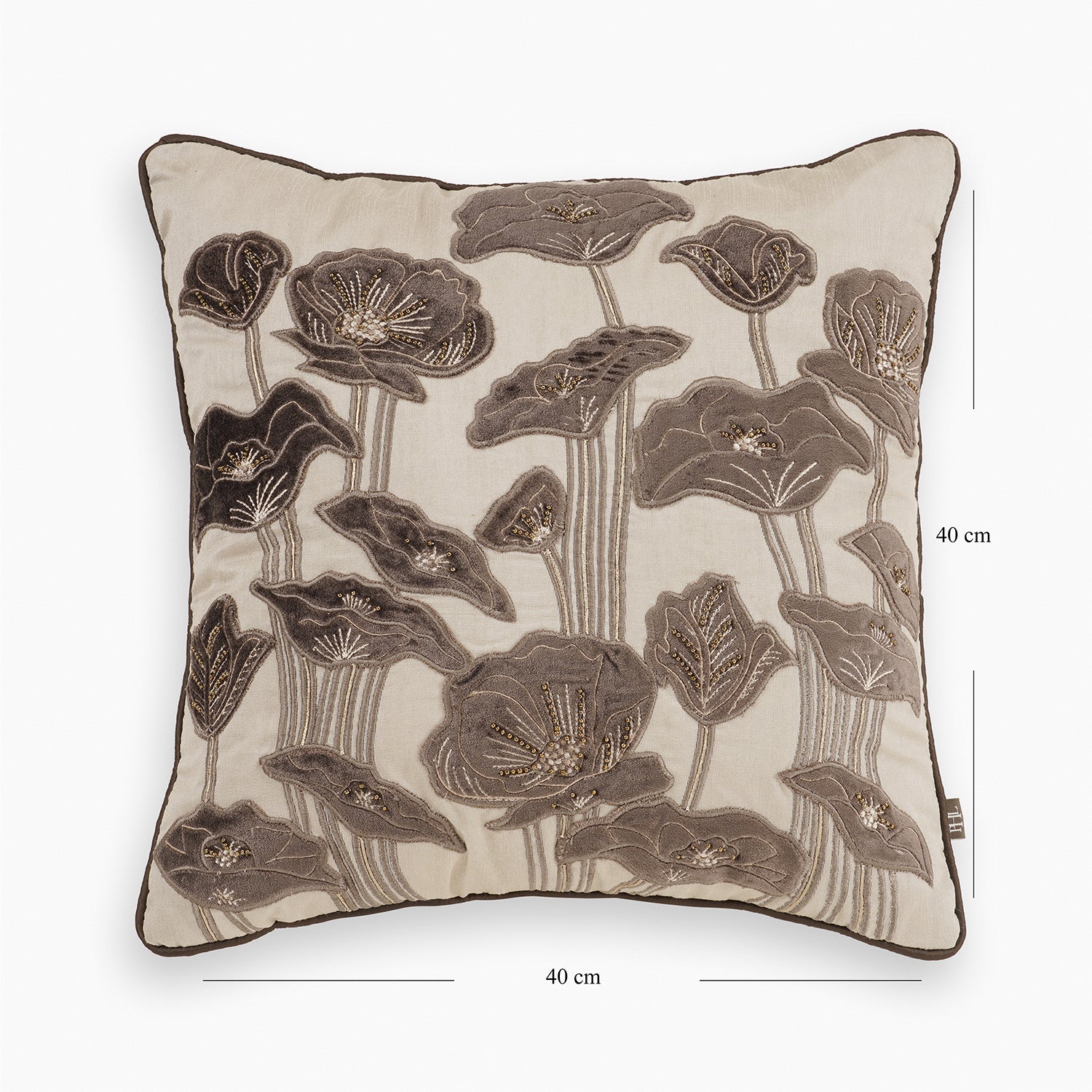 Beige & Brown Floral Embroidered Square Cushion Cover