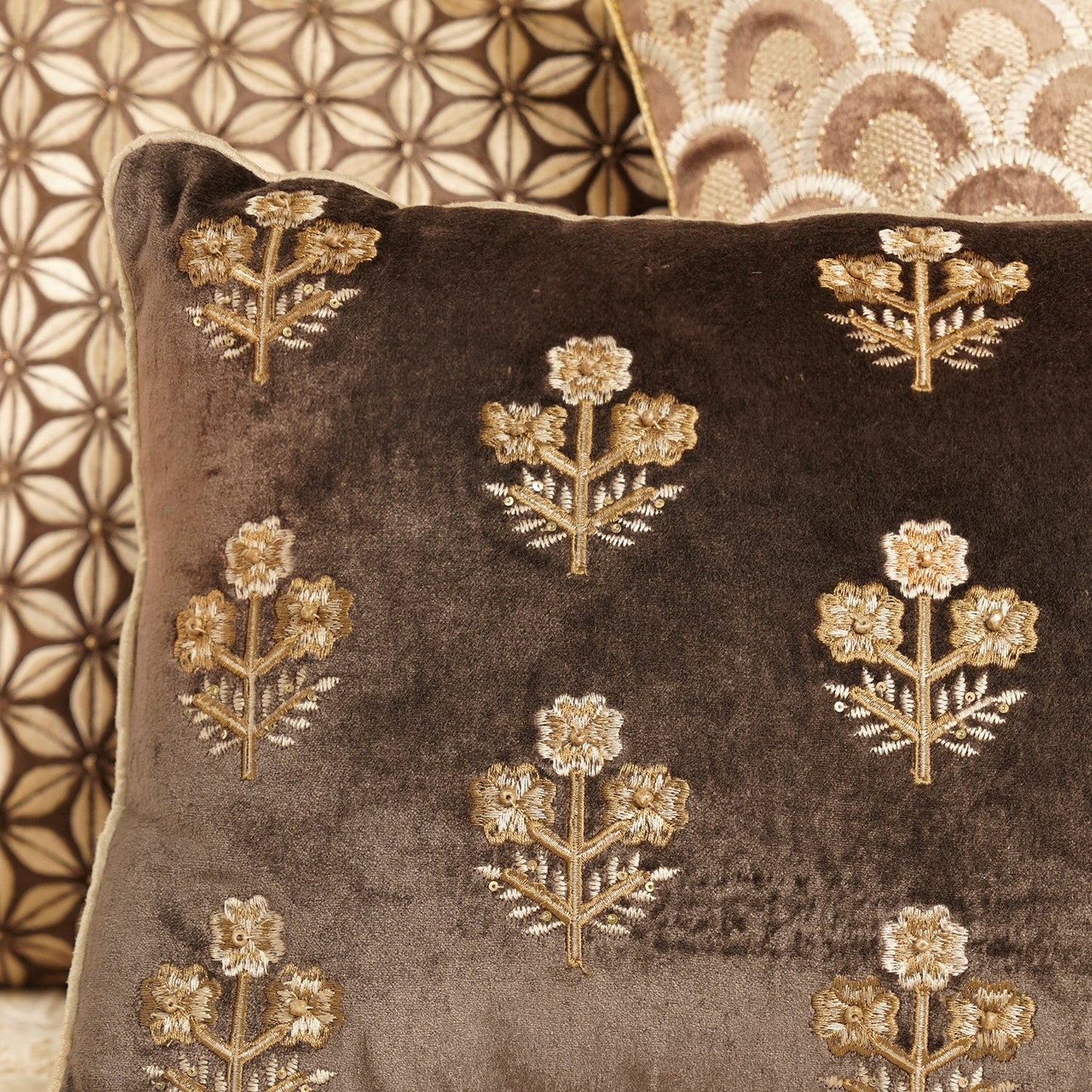 Brown Floral Embroidered Rectangle Cushion Cover