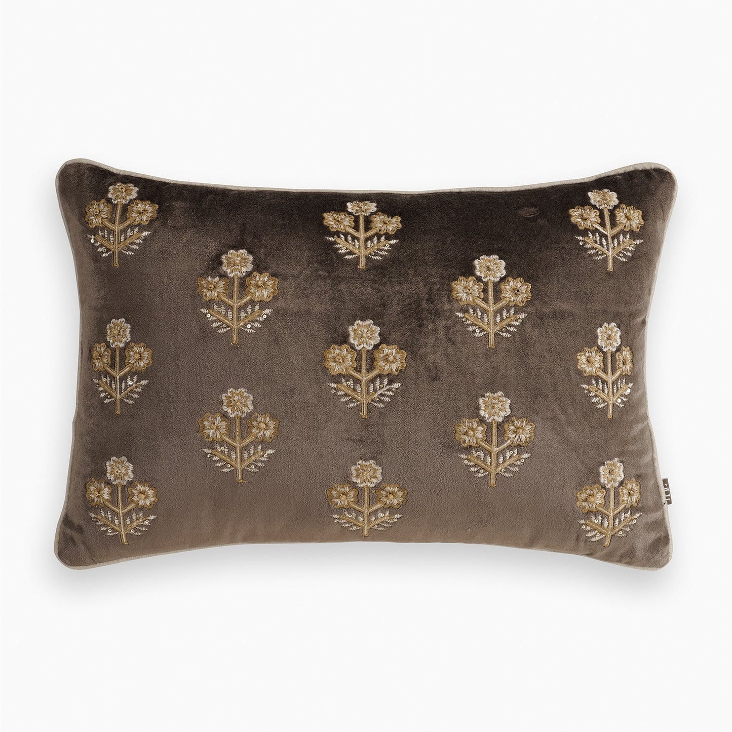 Brown Floral Embroidered Rectangle Cushion Cover