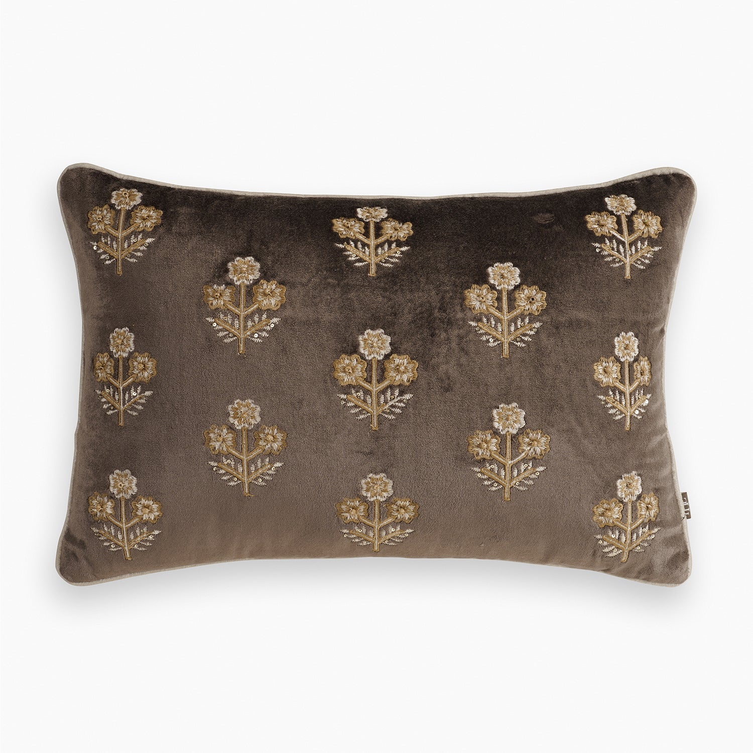 Brown Floral Embroidered Rectangle Cushion Cover