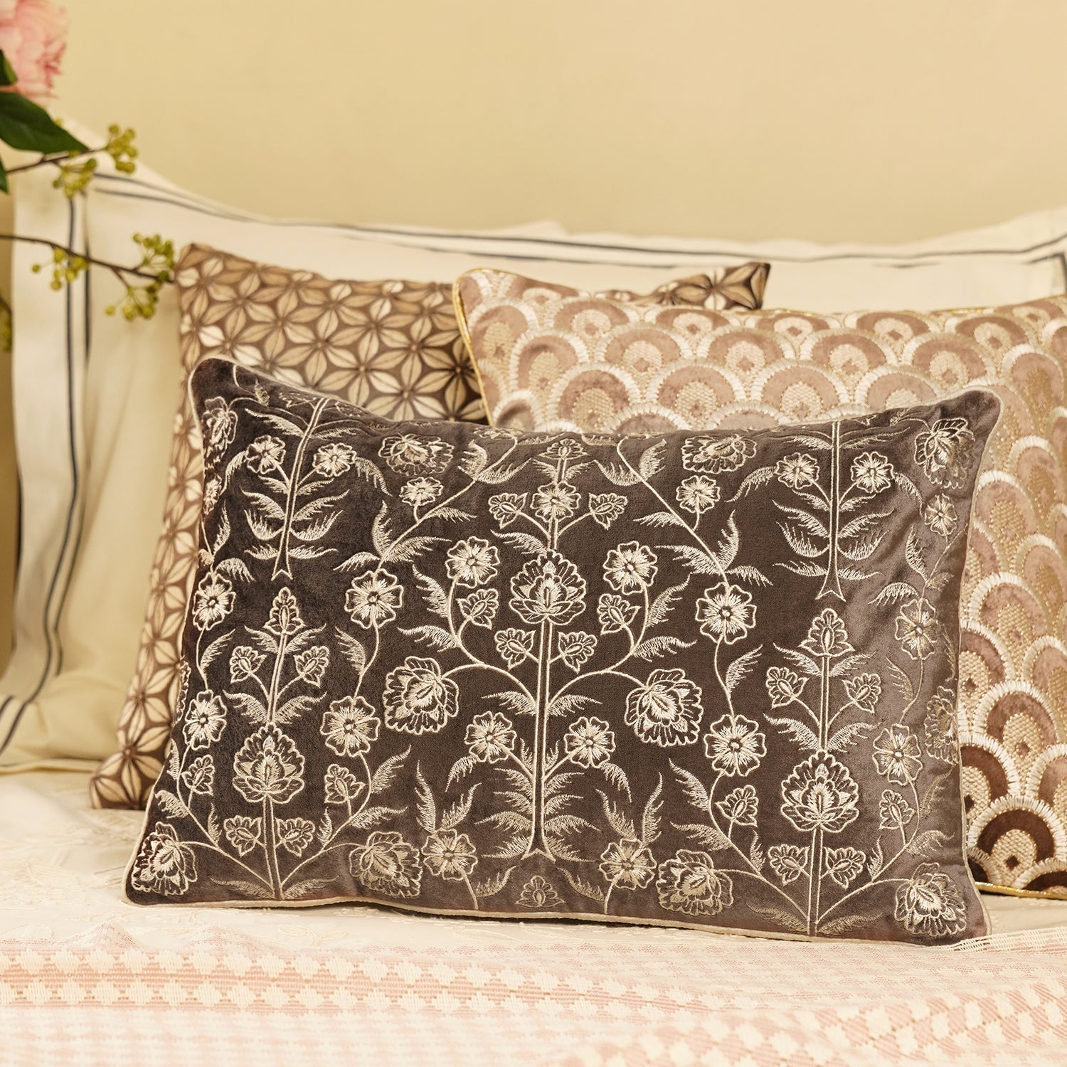 Dark Brown Floral Embroidered Rectangle Cushion Cover