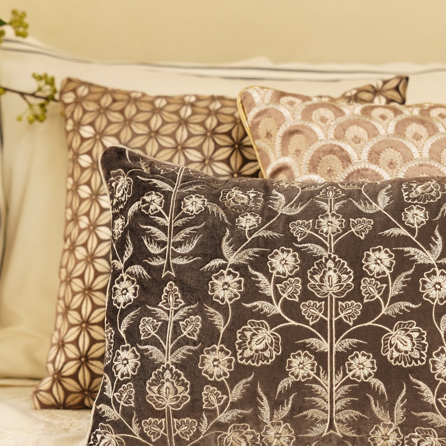 Dark Brown Floral Embroidered Rectangle Cushion Cover