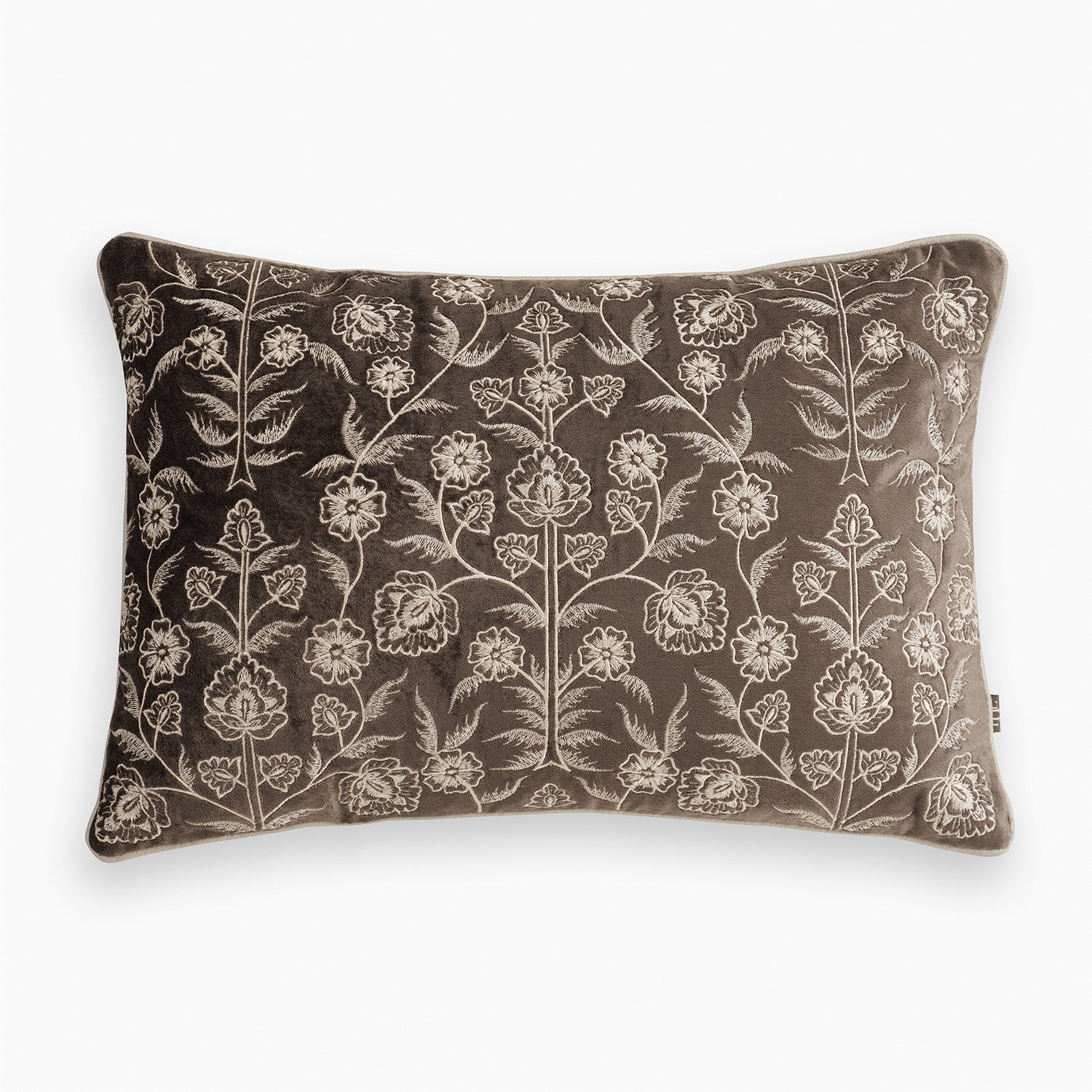 Dark Brown Floral Embroidered Rectangle Cushion Cover