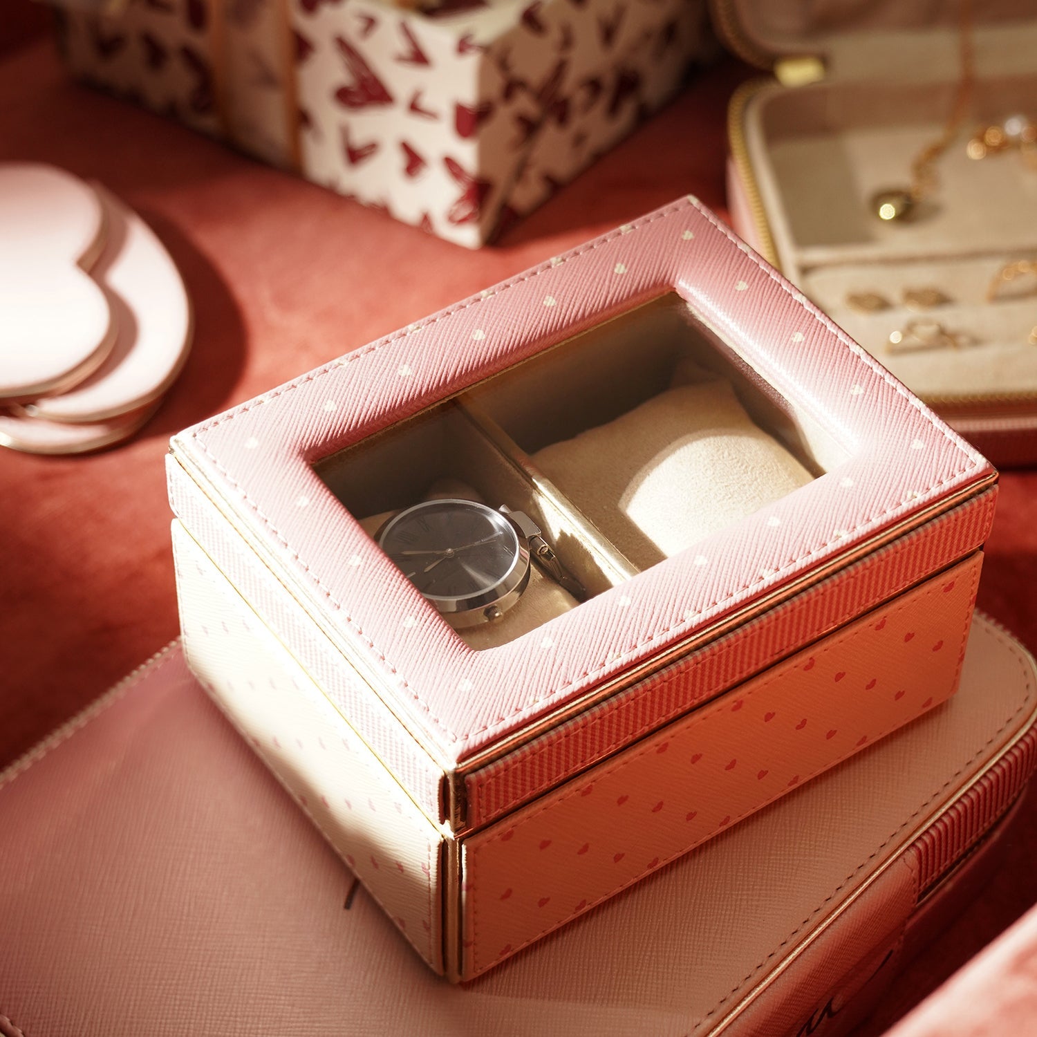 Pink & Ivory Printed 2 Compartment Faux Leather Watch Box