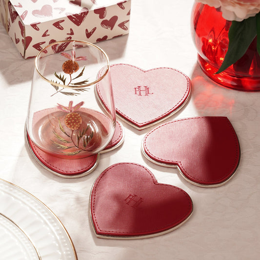 Set of 4 Red Faux Leather Heart Shaped Coasters