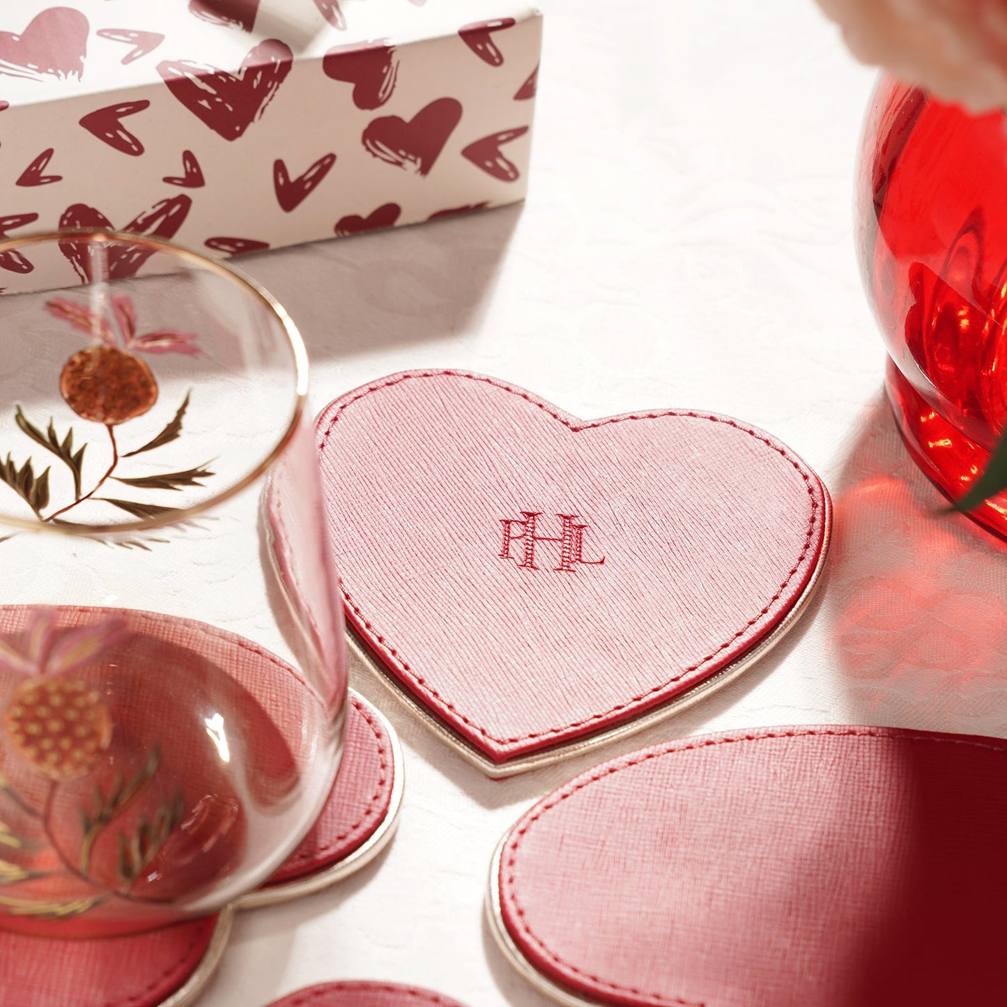 Set of 4 Red Faux Leather Heart Shaped Coasters