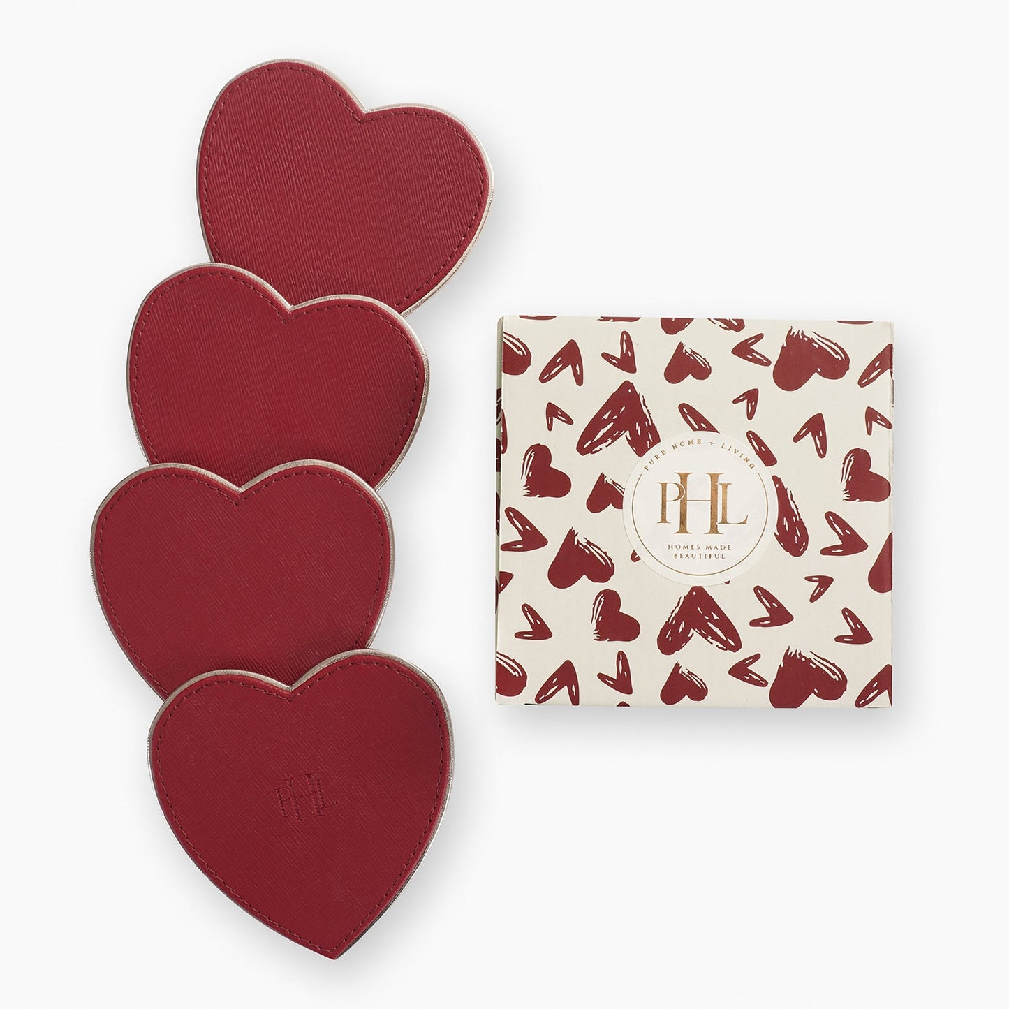 Set of 4 Red Faux Leather Heart Shaped Coasters