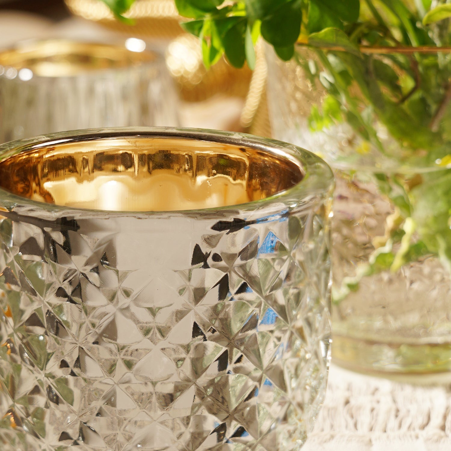 Silver Diamond Textured Tealight Holder - Large