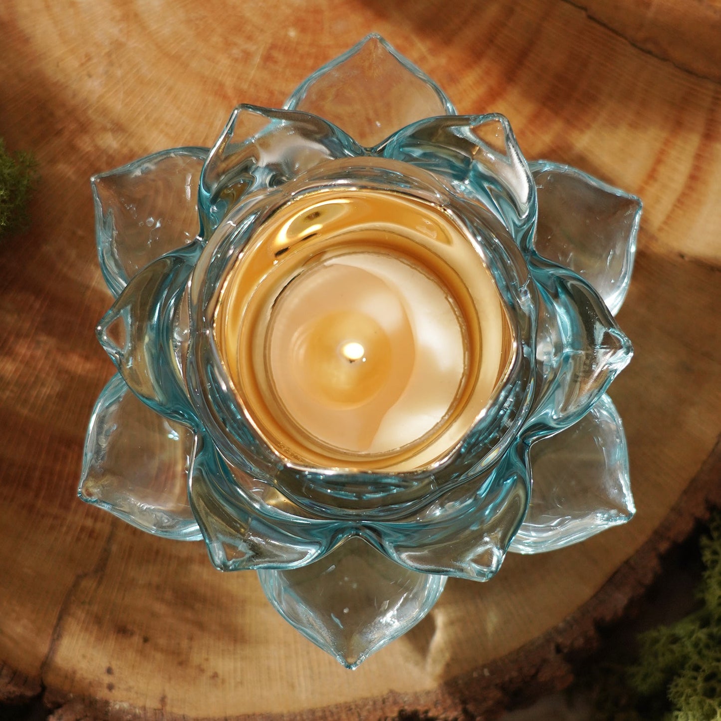 Light Blue Lotus Shaped Glass Tealight Holder