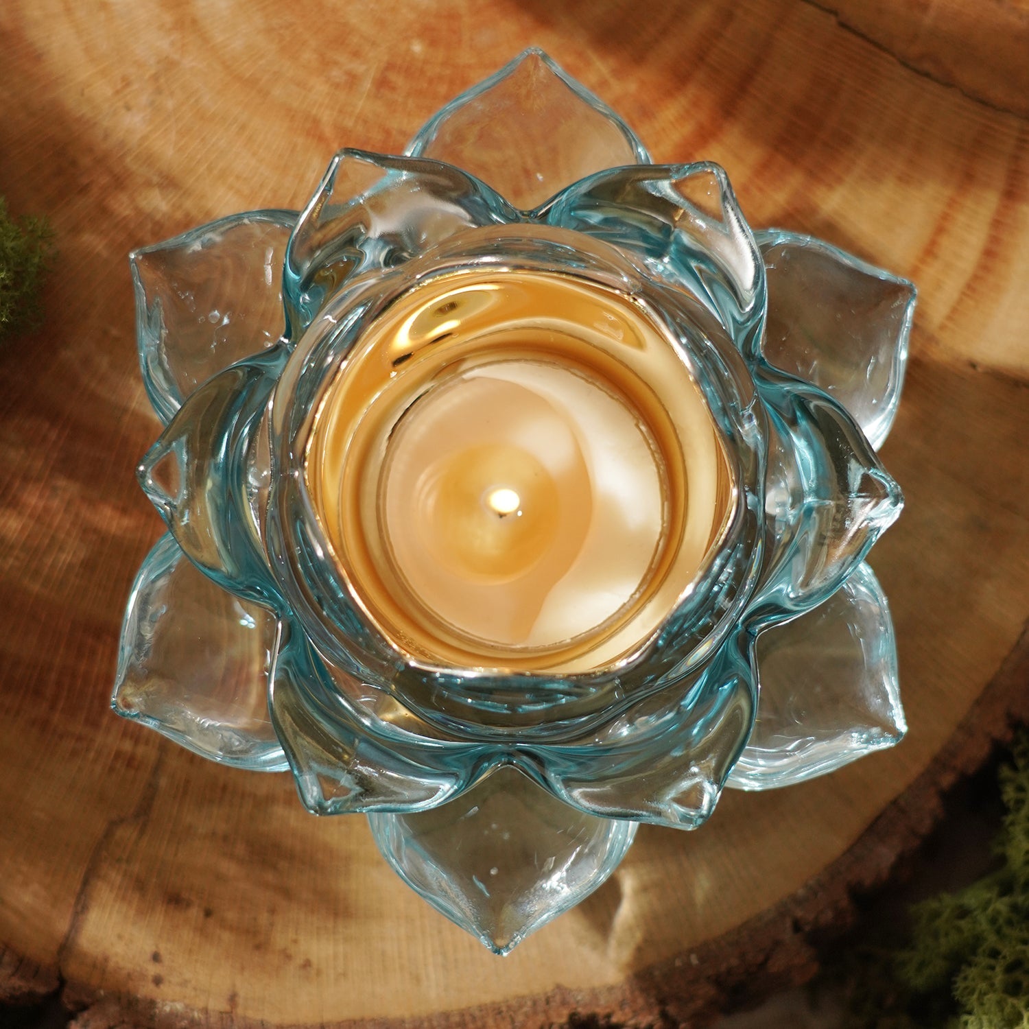Light Blue Lotus Shaped Glass Tealight Holder