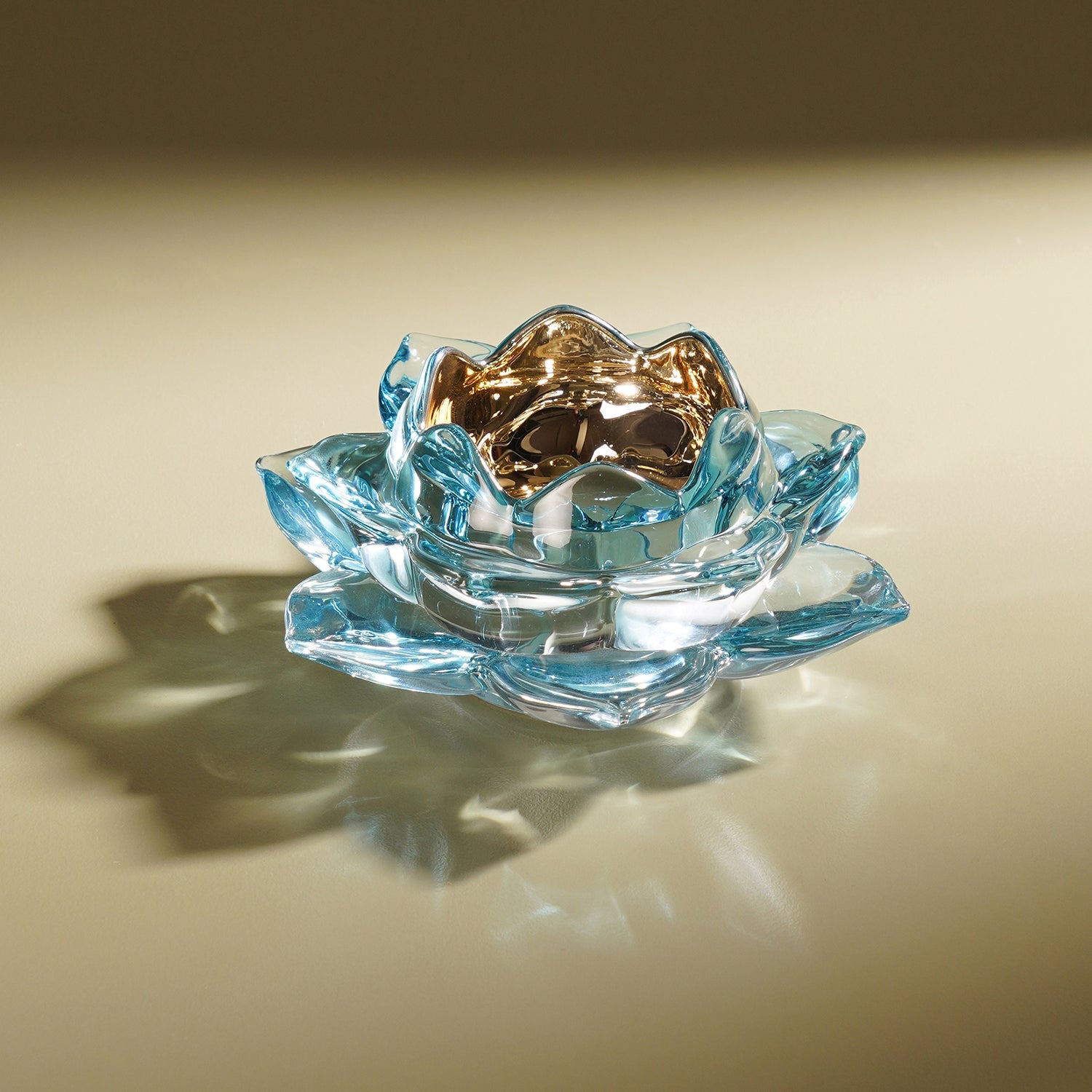 Light Blue Lotus Shaped Glass Tealight Holder