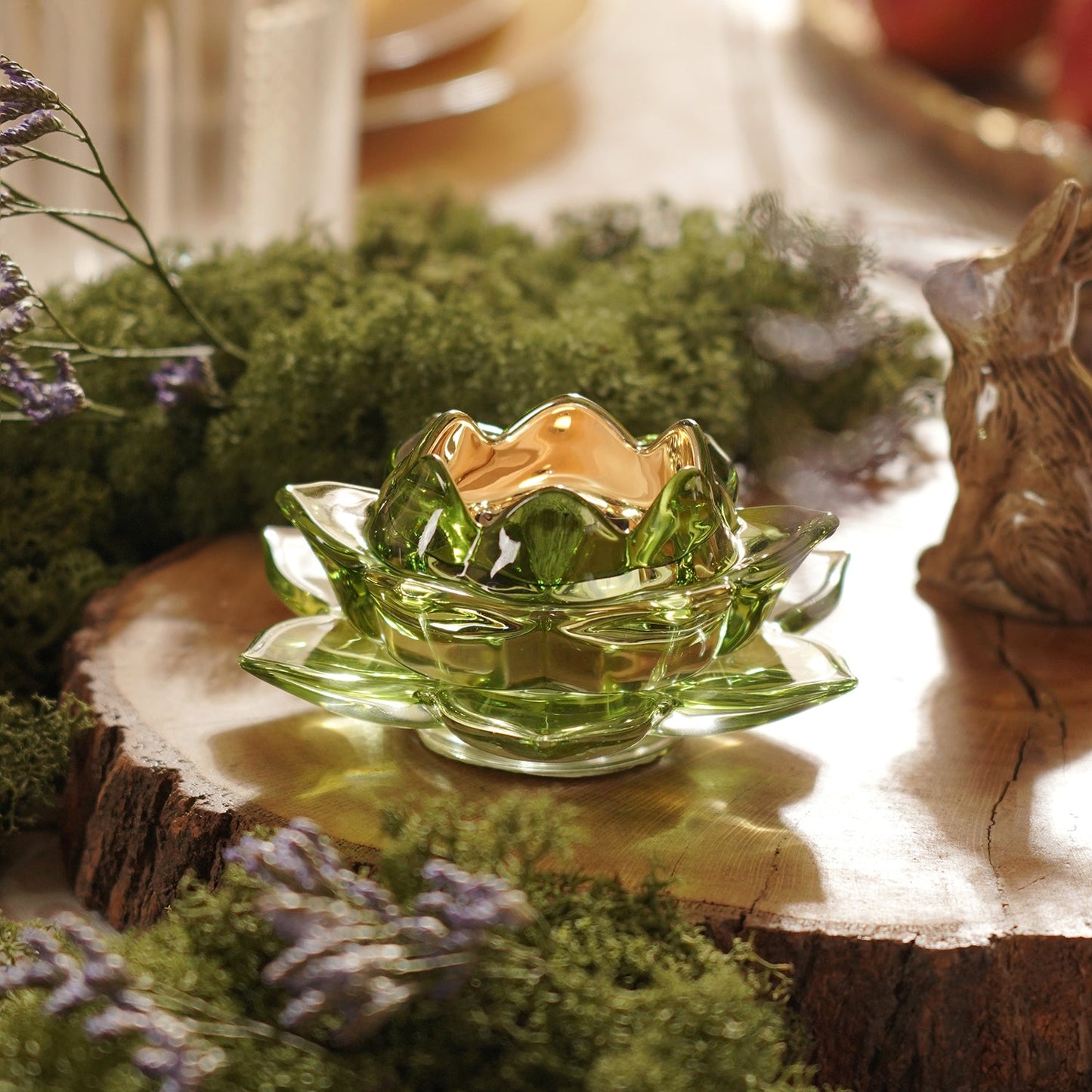 Green Lotus Shaped Glass Tealight Holder