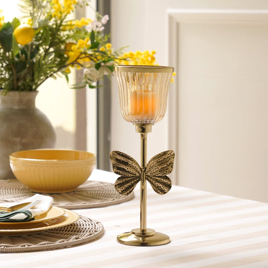 Gold & Glass Butterfly Inspired Candle Holder - Small