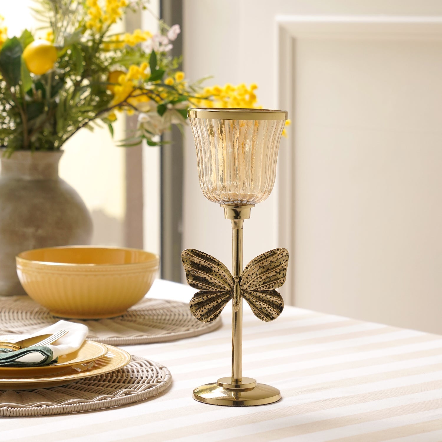 Gold & Glass Butterfly Inspired Candle Holder - Small