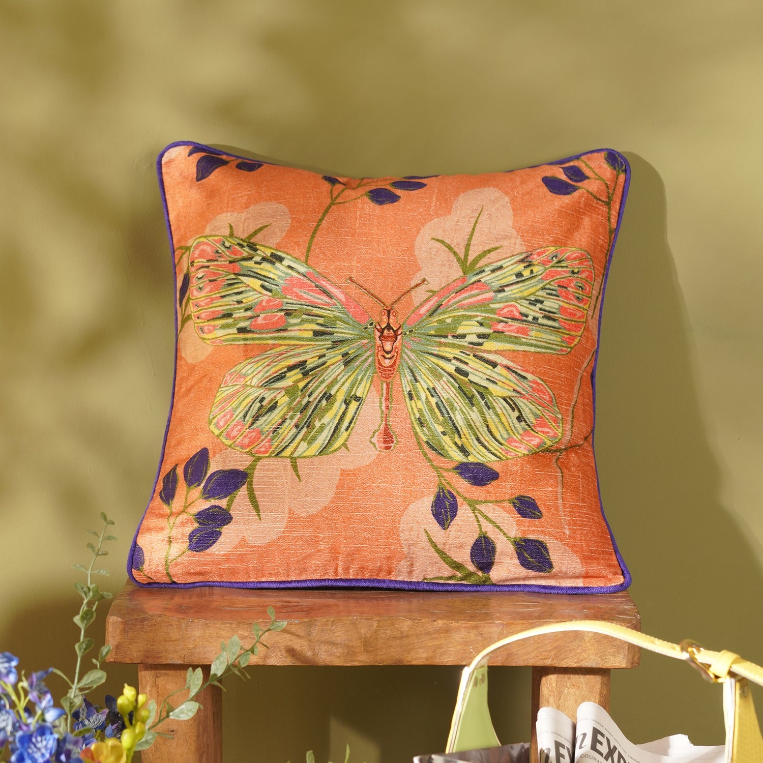 Orange Butterfly Print Square Cushion cover