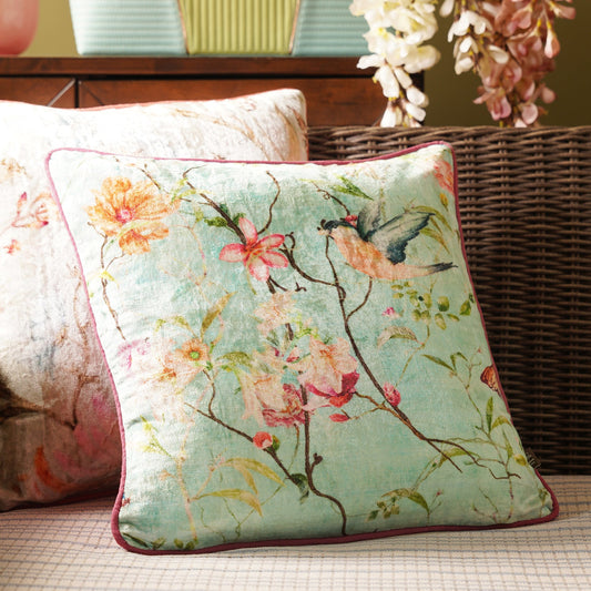 Blue Printed Velvet Square Cushion Cover