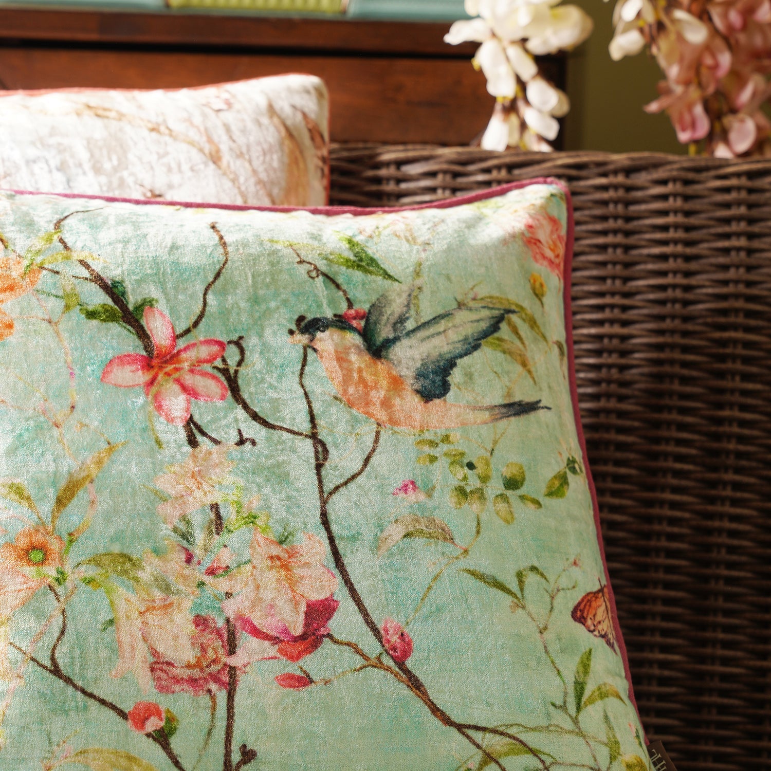 Blue Printed Velvet Square Cushion Cover