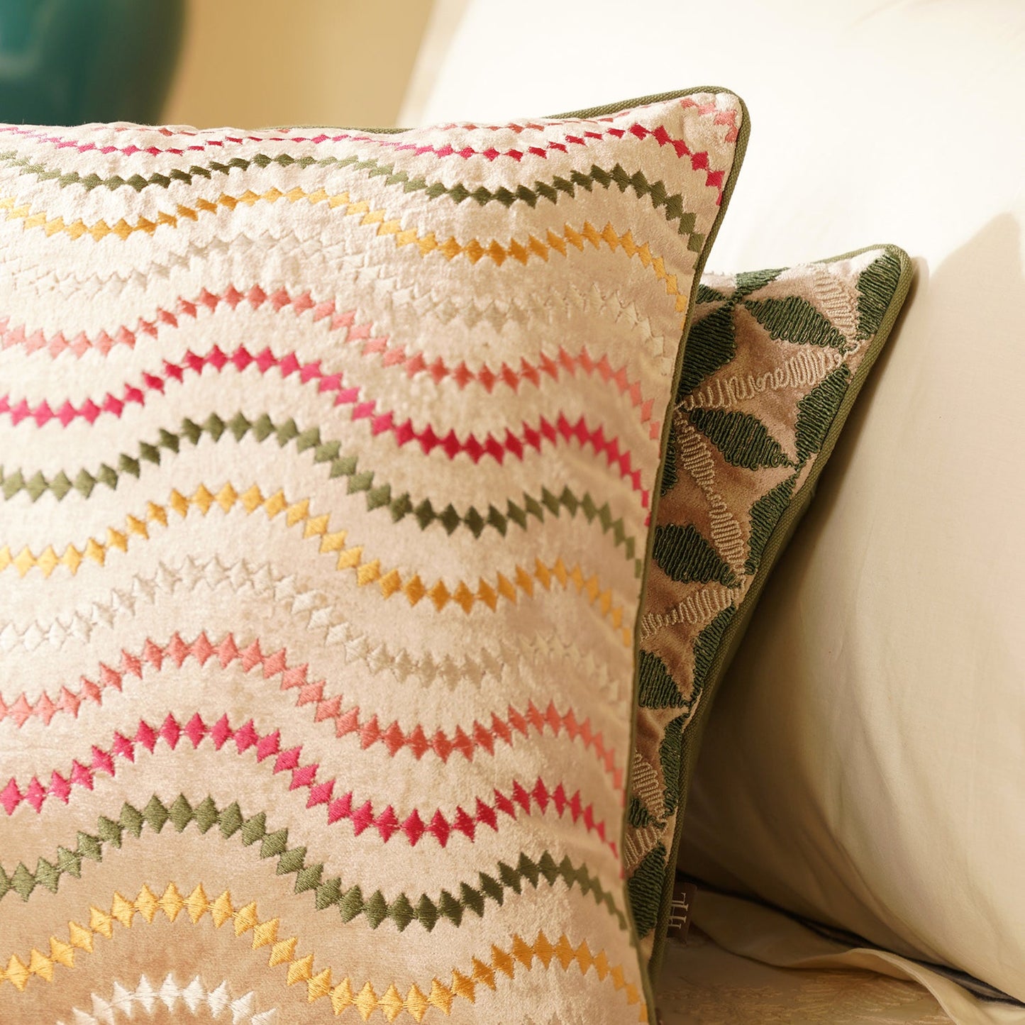 Beige & Green Floral Threadwork Square Cushion Cover