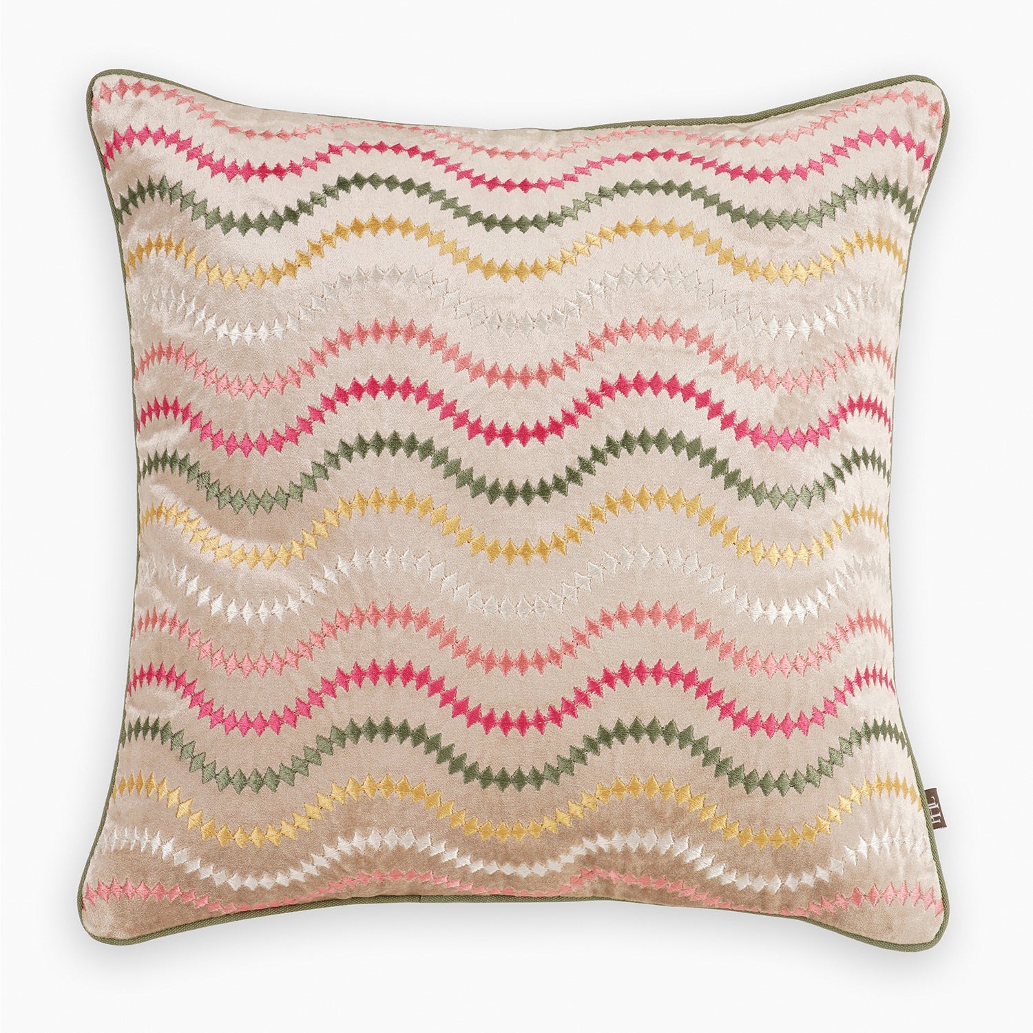 Beige & Green Floral Threadwork Square Cushion Cover