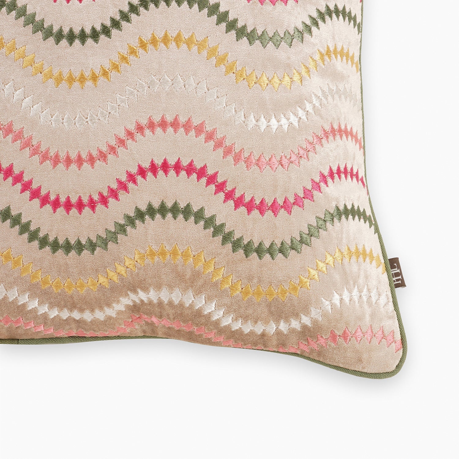 Beige & Green Floral Threadwork Square Cushion Cover