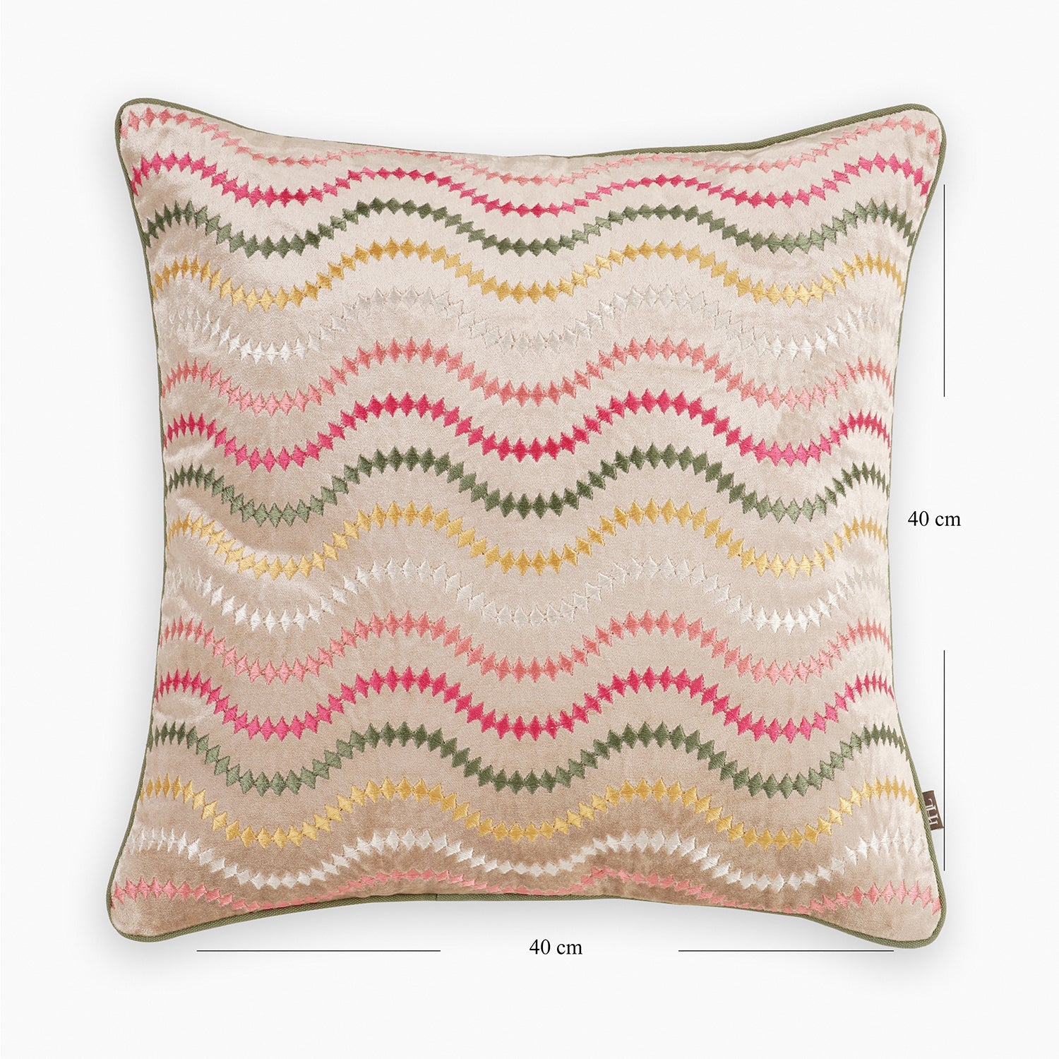 Beige & Green Floral Threadwork Square Cushion Cover