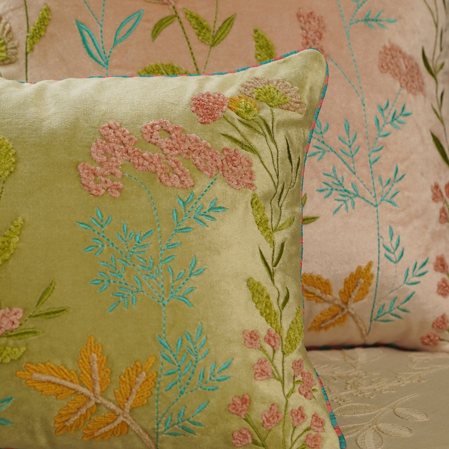 Green Multi Coloured Embroidered Rectangle Velvet Cushion