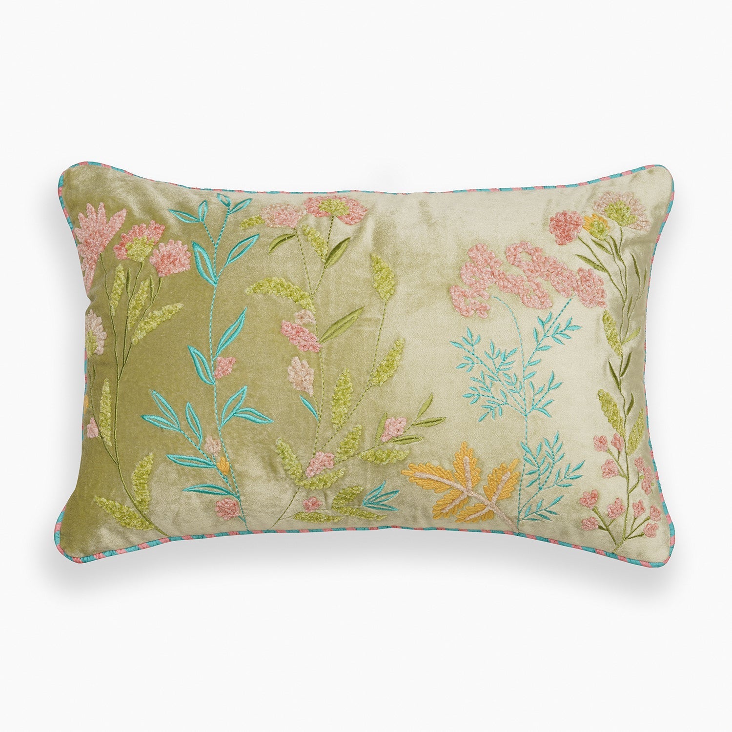Green Multi Coloured Embroidered Rectangle Velvet Cushion